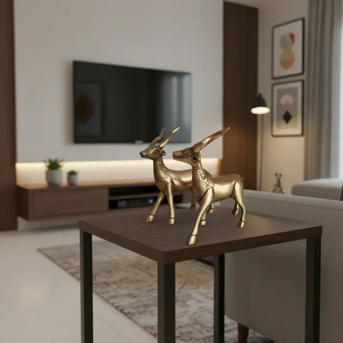Handcrafted Brass Deer Pair Statues | Elegant Antelope Figurines for Home Decor   Brass Ware