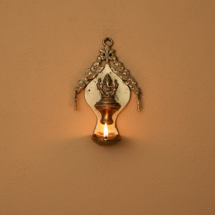 Handcrafted Brass Ganesha Wall Hanging Diya | Traditional Spiritual Oil Lamp   Brass Artwork
