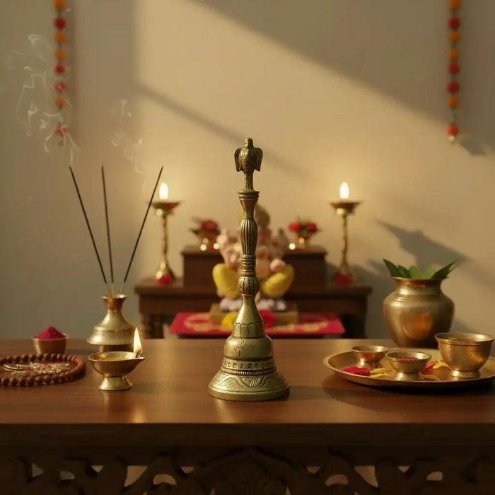 Handcrafted brass temple bell with a Garuda finial ghanta.