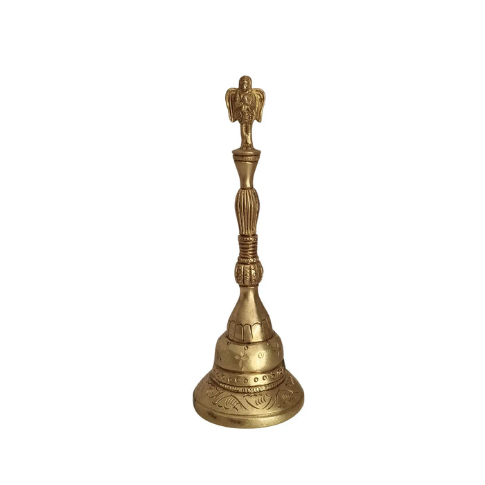 Brass temple bell with a Garuda finial ghanta, handcrafted for spiritual use.