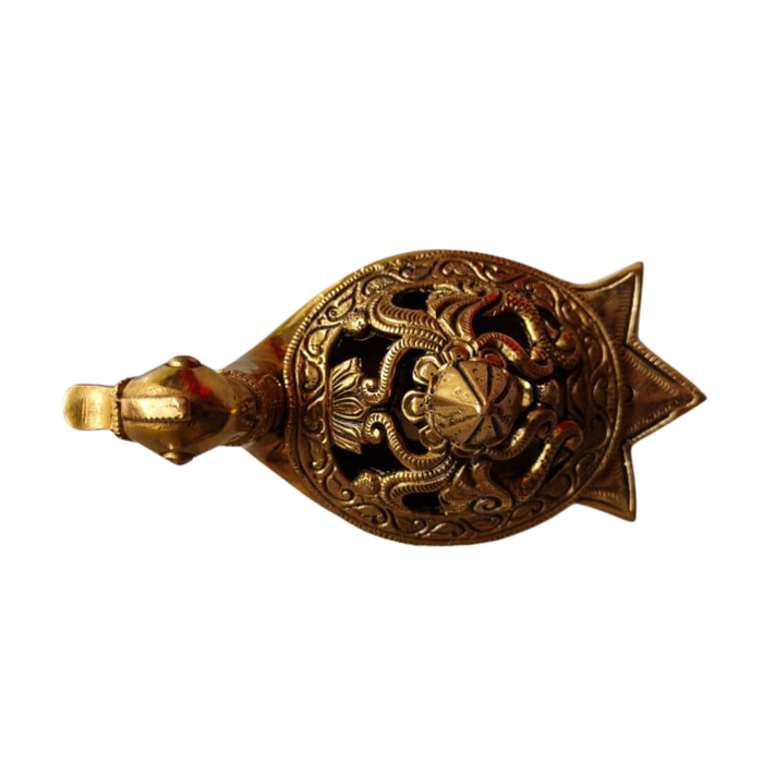 Handcrafted brass peacock artifact with engraved lid. Decorative brass art.