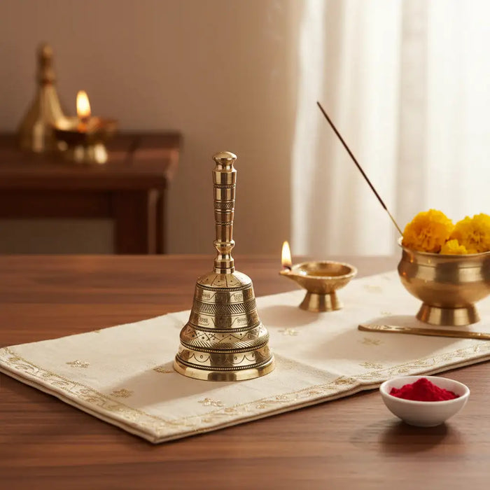 Handcrafted brass puja bell(Ghanta) with intricate engraved detailing.