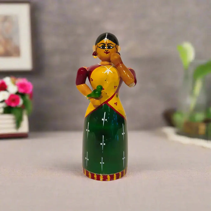 Handcrafted Etikoppaka Wooden Woman with Parrot | Traditional Indian Art   Etikoppaka Lacquerware