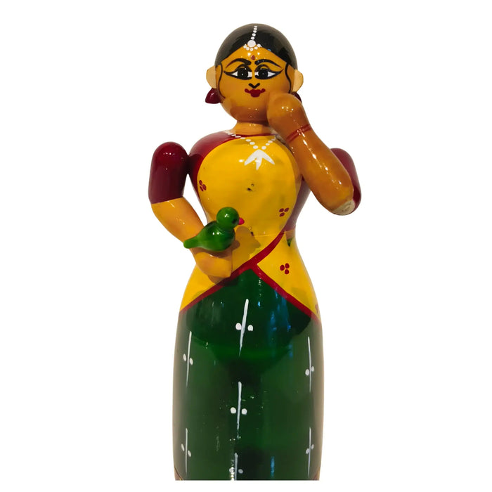 Handcrafted Etikoppaka Wooden Woman with Parrot | Traditional Indian Art   Etikoppaka Lacquerware