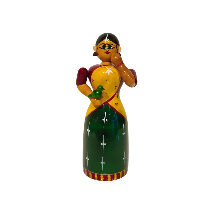Handcrafted Etikoppaka Wooden Woman with Parrot | Traditional Indian Art   Etikoppaka Lacquerware