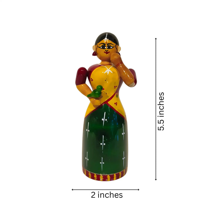 Handcrafted Etikoppaka Wooden Woman with Parrot | Traditional Indian Art   Etikoppaka Lacquerware