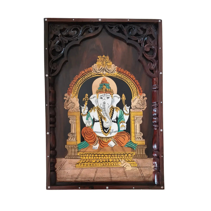 Rosewood Ganesha inlay art temple frame, handcrafted.