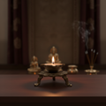 Handcrafted brass lotus diya with ornamental legs, a traditional tabletop oil lamp.