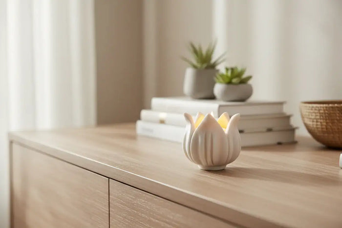 Artisan-carved marble lotus candle holder with polished finish.