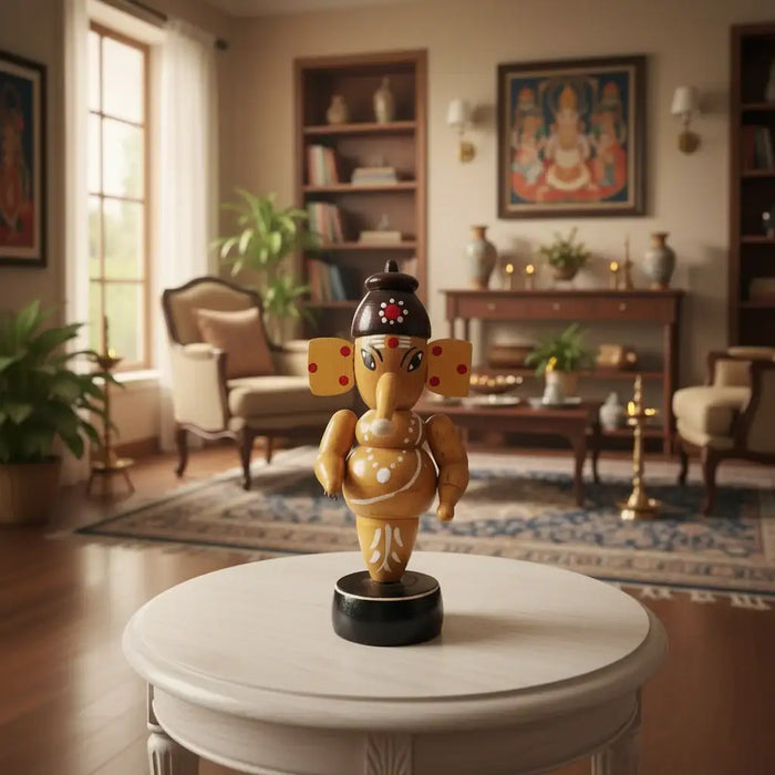 Handcrafted Wooden Ganesha Idol - Traditional Indian Home Decor   Etikoppaka Lacquerware