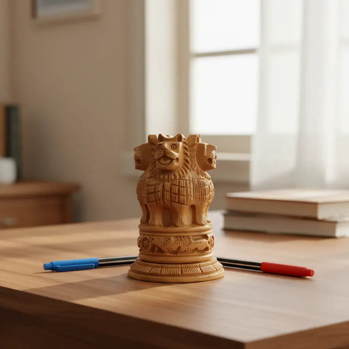 Handcrafted wooden Lion Capital Ashoka pen stand featuring detailed carving of four lions symbolizing Indian heritage