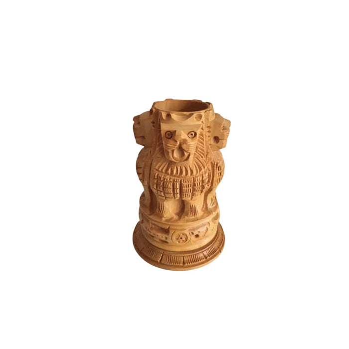 Handcrafted Wooden Lion Capital Ashoka Pen Stand   Wood Decorative