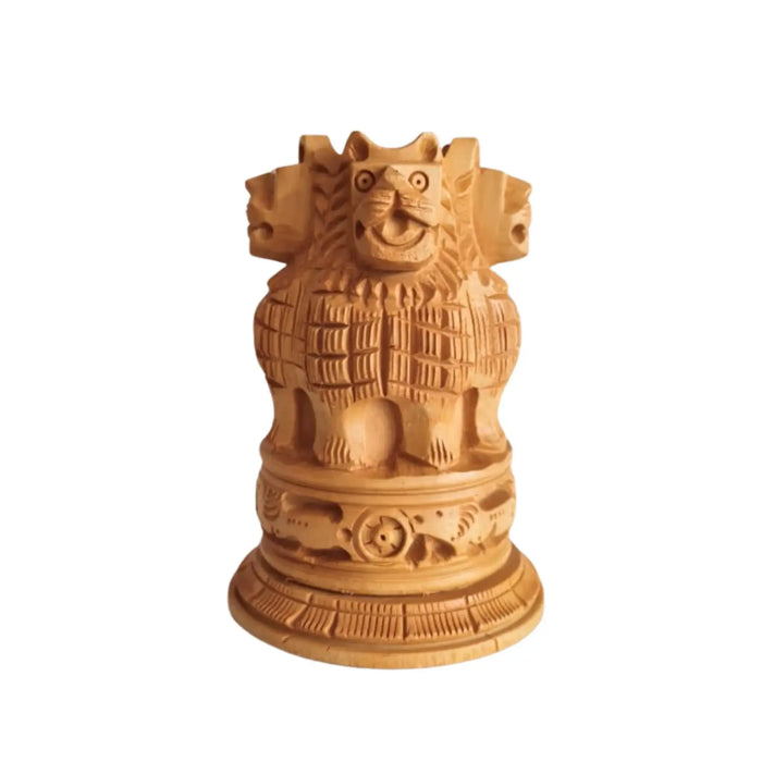 Handcrafted Wooden Lion Capital Ashoka Pen Stand   Wood Decorative