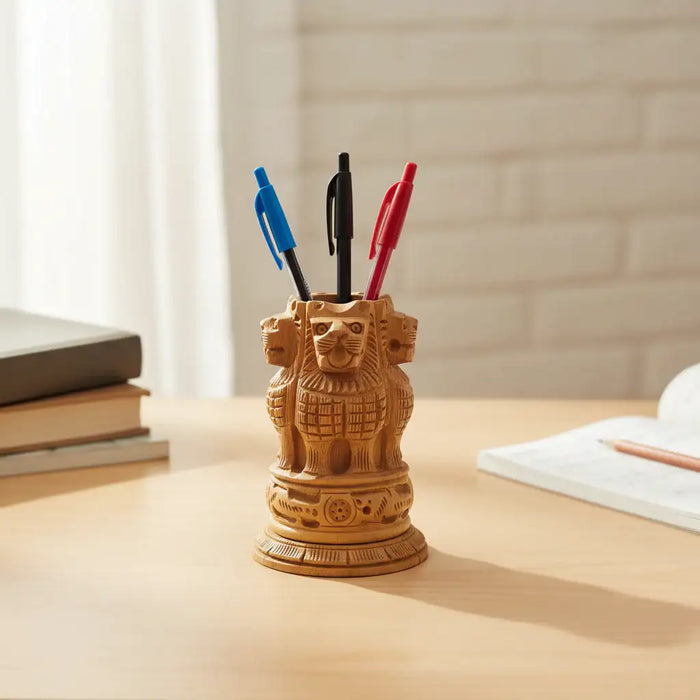 Handcrafted Wooden Lion Capital Ashoka Pen Stand   Wood Decorative