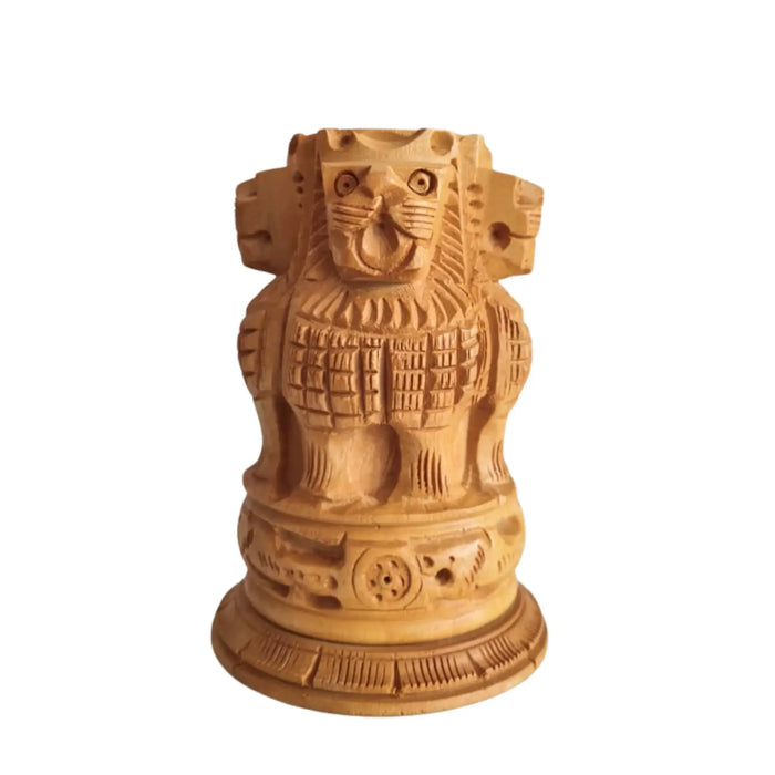 Handcrafted Wooden Lion Capital Ashoka Pen Stand   Wood Decorative
