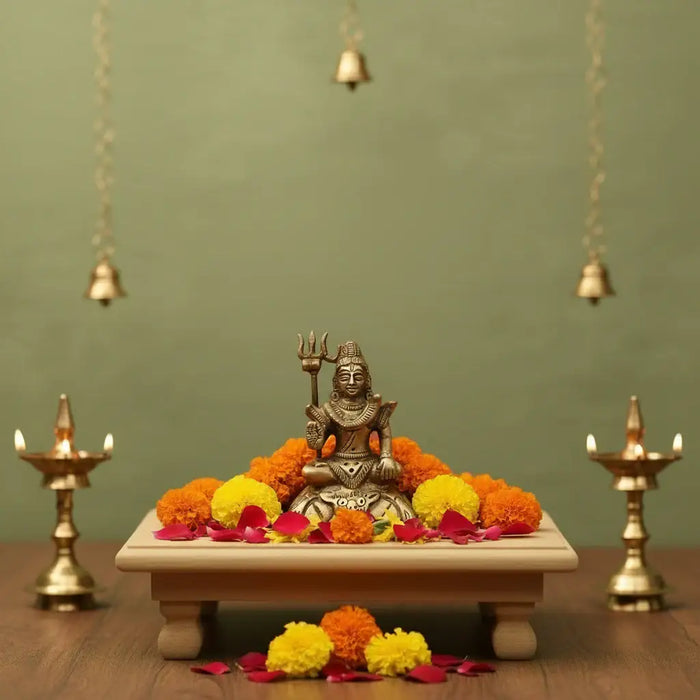 Exquisite Brass Lord Shiva idol in meditation, holding Trishula.