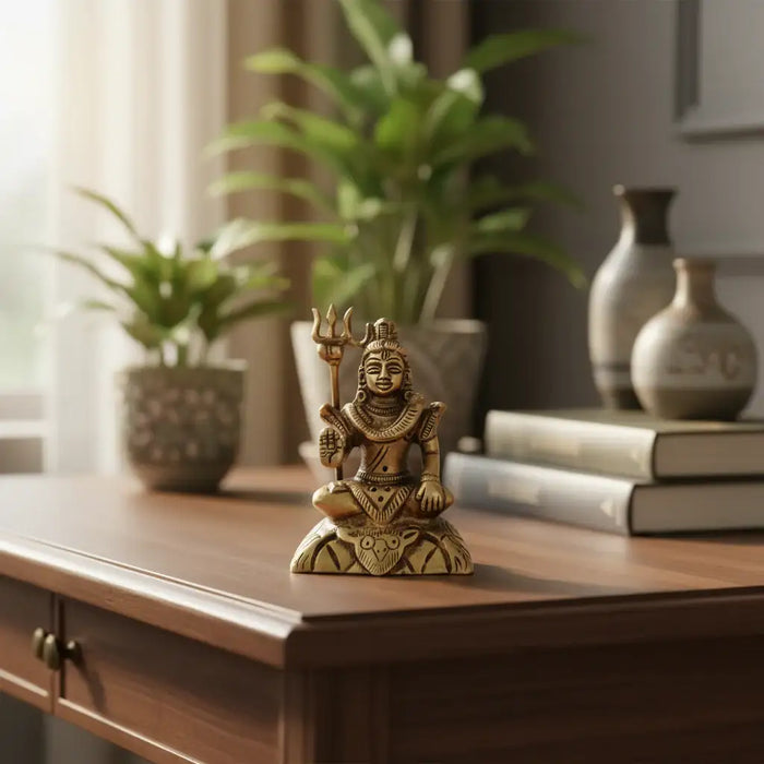 Brass Lord Shiva idol meditating, holding trishula. Intricate brass craftsmanship.