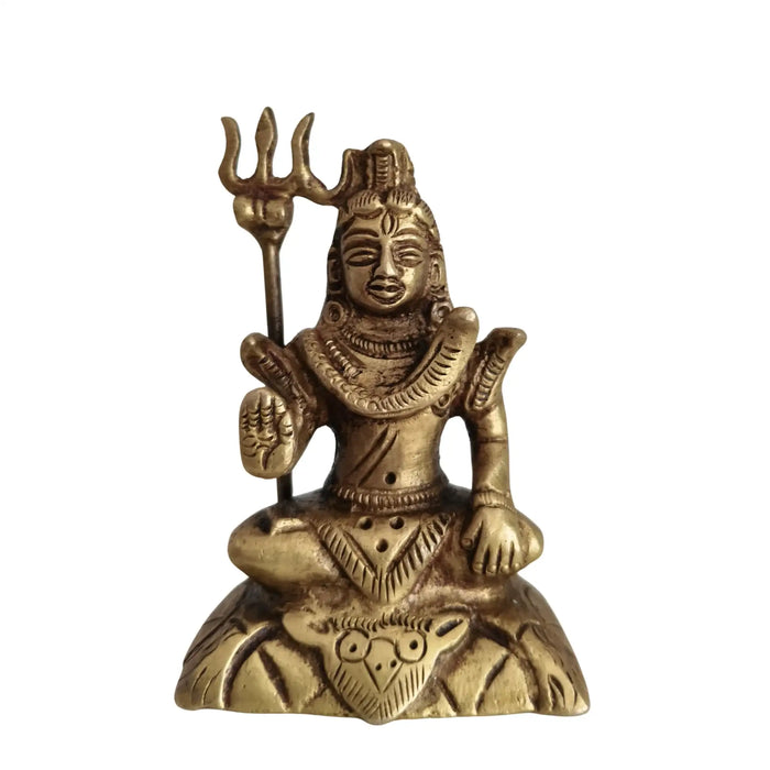 Exquisite handcrafted brass Lord Shiva idol in meditation, holding trishula.