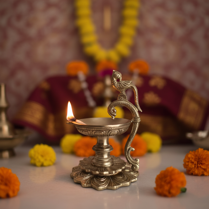 Handcrafted Brass Peacock Pedestal Diya – Traditional Tabletop Oil Lamp with Lotus Base   Brass Artwork