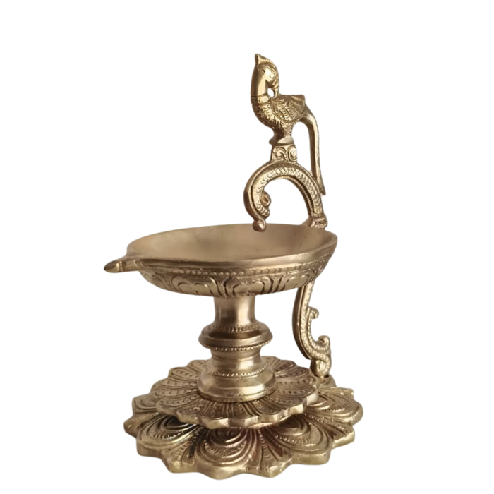 Handcrafted Brass Peacock Pedestal Diya – Traditional Tabletop Oil Lamp with Lotus Base   Brass Artwork