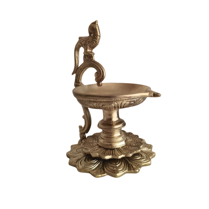 Handcrafted Brass Peacock Pedestal Diya – Traditional Tabletop Oil Lamp with Lotus Base   Brass Artwork