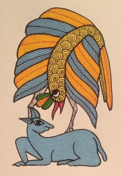 Handmade Gond Art Birds Card – Traditional Indian Folk Painting with Love Bird Design   Paintings