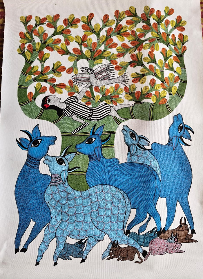Harmony of Life with Shepherd & Wildlife – Gond Painting   Paintings