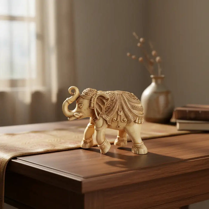 Intricately Carved Resin Elephant Figurine with Traditional Saddle   Wood Decorative