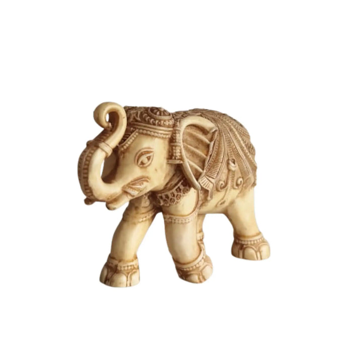 Intricately Carved Resin Elephant Figurine with Traditional Saddle   Wood Decorative