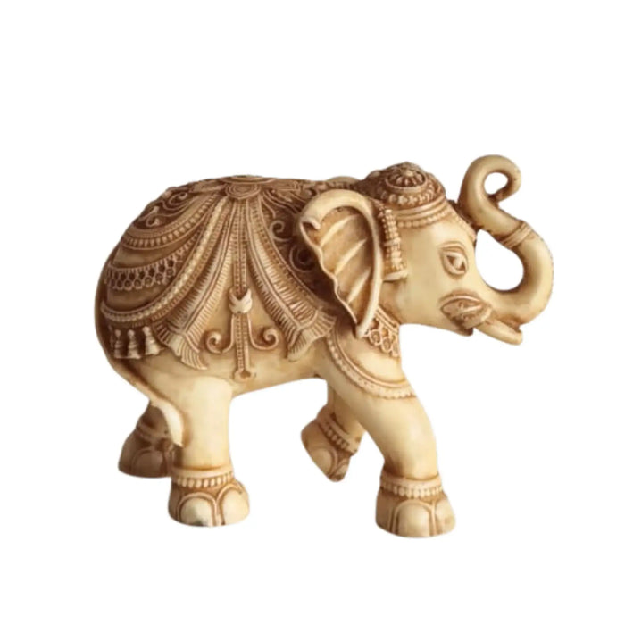 Intricately Carved Resin Elephant Figurine with Traditional Saddle   Wood Decorative