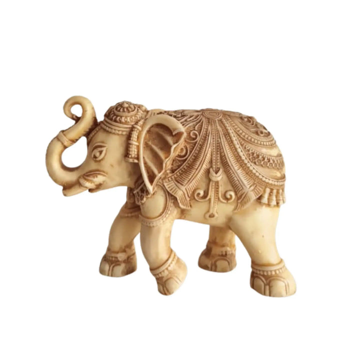 Intricately Carved Resin Elephant Figurine with Traditional Saddle   Wood Decorative