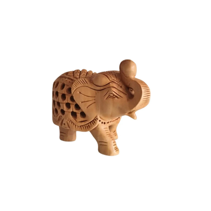 Intricately Carved Wooden Elephant Figurine with Filigree Design   Wood Decorative