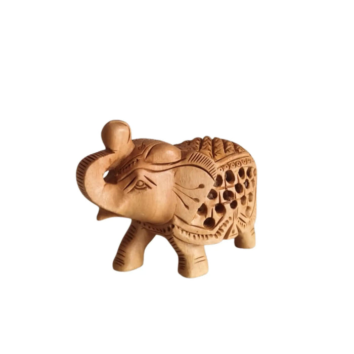 Intricately Carved Wooden Elephant Figurine with Filigree Design   Wood Decorative