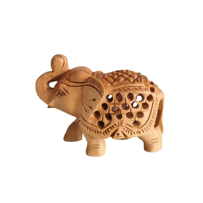 Intricately Carved Wooden Elephant Figurine with Filigree Design   Wood Decorative