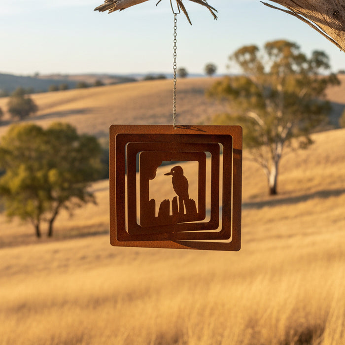 KOOKABURRA ON A FENCE - WEATHERING STEEL WIND WHIRL SPINNER