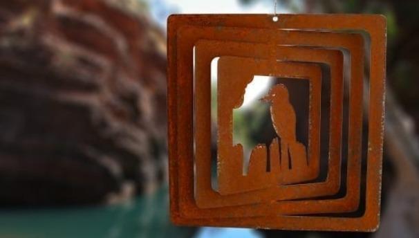KOOKABURRA ON A FENCE - WEATHERING STEEL WIND WHIRL SPINNER