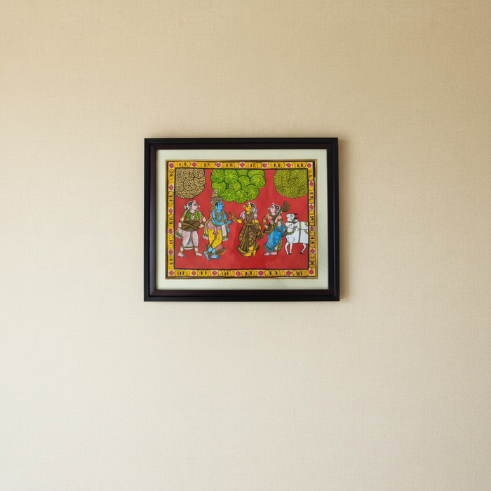 Krishna with Gopikas painting, a vibrant Cheriyal folk art from Telangana.