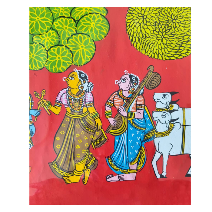 Krishna with Gopikas painting, traditional Telangana folk art, Cheriyal style.