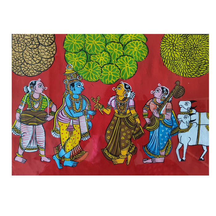 Krishna with Gopikas Painting – Traditional Telangana Cheriyal Folk Art   Cheriyala Painting