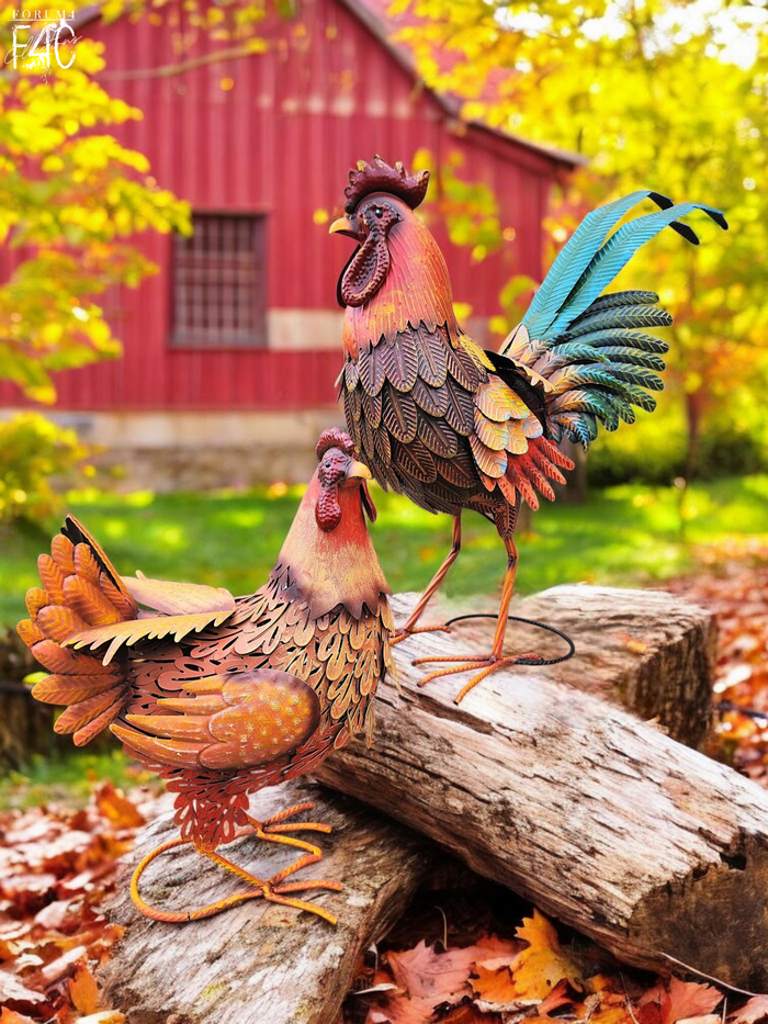 LARGE MR & MRS DERBY CHICKEN PAIR - METAL GARDEN DECOR