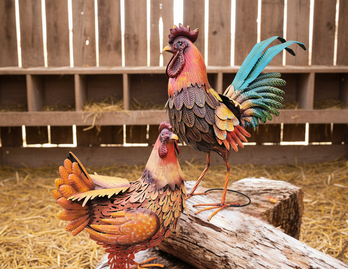 LARGE MR & MRS DERBY CHICKEN PAIR - METAL GARDEN DECOR