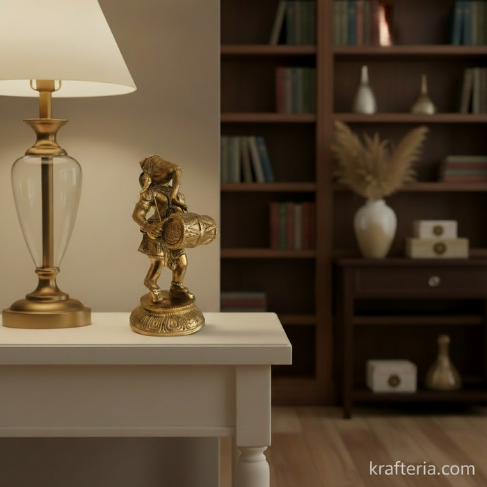 Brass Ganesha dholak statue altar piece for home decor.