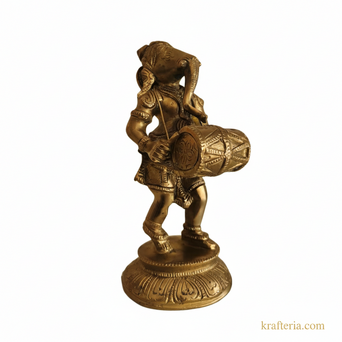 Lord Ganesha playing dholak altar statue for home decor, brass ganesha dholak statue.