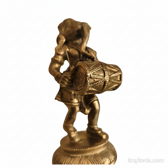 Brass Ganesha dholak statue altar, Lord Ganesha playing drum for home decor.