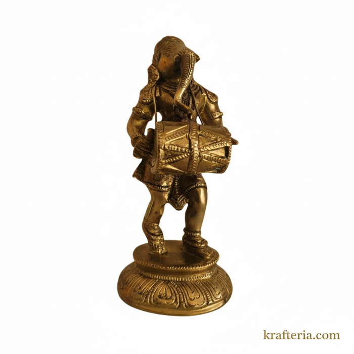 Brass Ganesha dholak statue altar for home decor.