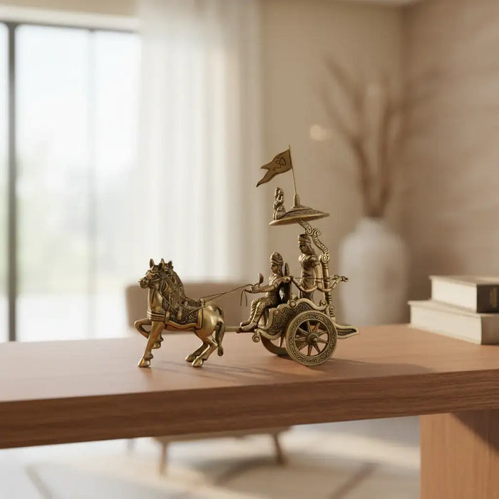 Brass krishna arjuna chariot idol, perfect religious home decor.