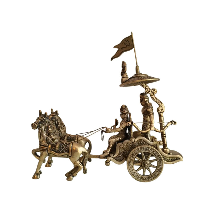 Brass krishna arjuna chariot idol, divine religious art for home decor.