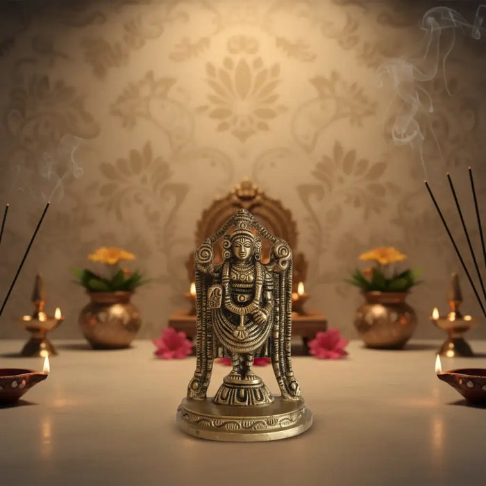 Detailed brass Lord Venkateswara idol with intricate craftsmanship.