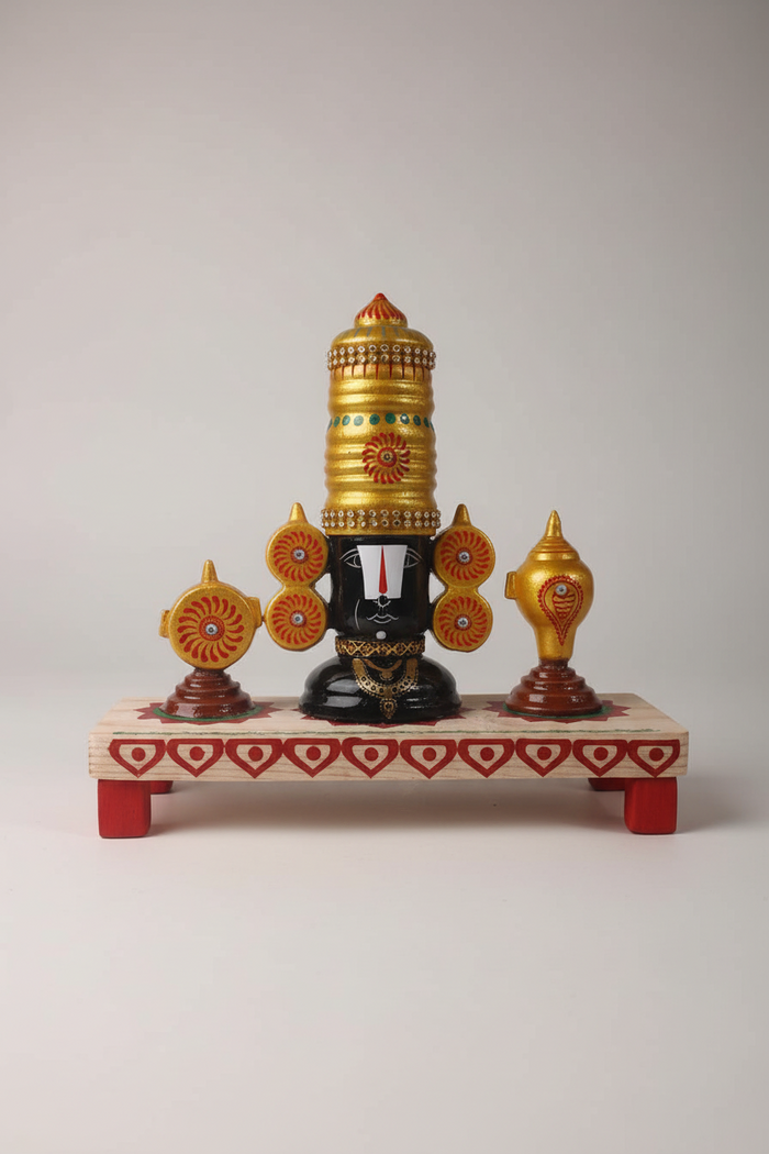 Lord Venkateswara Wooden Altar with Brass Accents For Decor   Religious Idol