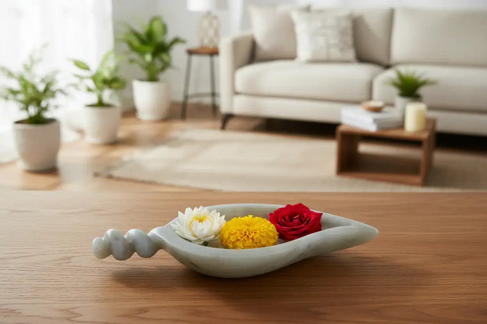 Luxury handcrafted marble urli bowl for elegant table centerpiece.